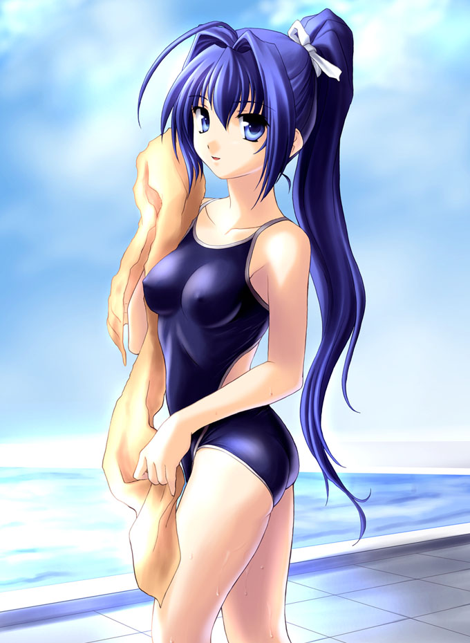 norizou type-r, hayase mitsuki, kimi ga nozomu eien, 00s, 1girl, ass, blue eyes, blue hair, breasts, competition school swimsuit, competition swimsuit, female focus, flat ass, long hair, matching hair/eyes, medium breasts, one-piece swimsuit, ponytail, pool, school swimsuit, solo, swimsuit, towel