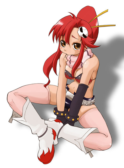 masakichi (heppouku), yoko littner, tengen toppa gurren lagann, 00s, bikini, bikini top only, boots, pink thighhighs, red hair, short shorts, shorts, solo, swimsuit, thighhighs