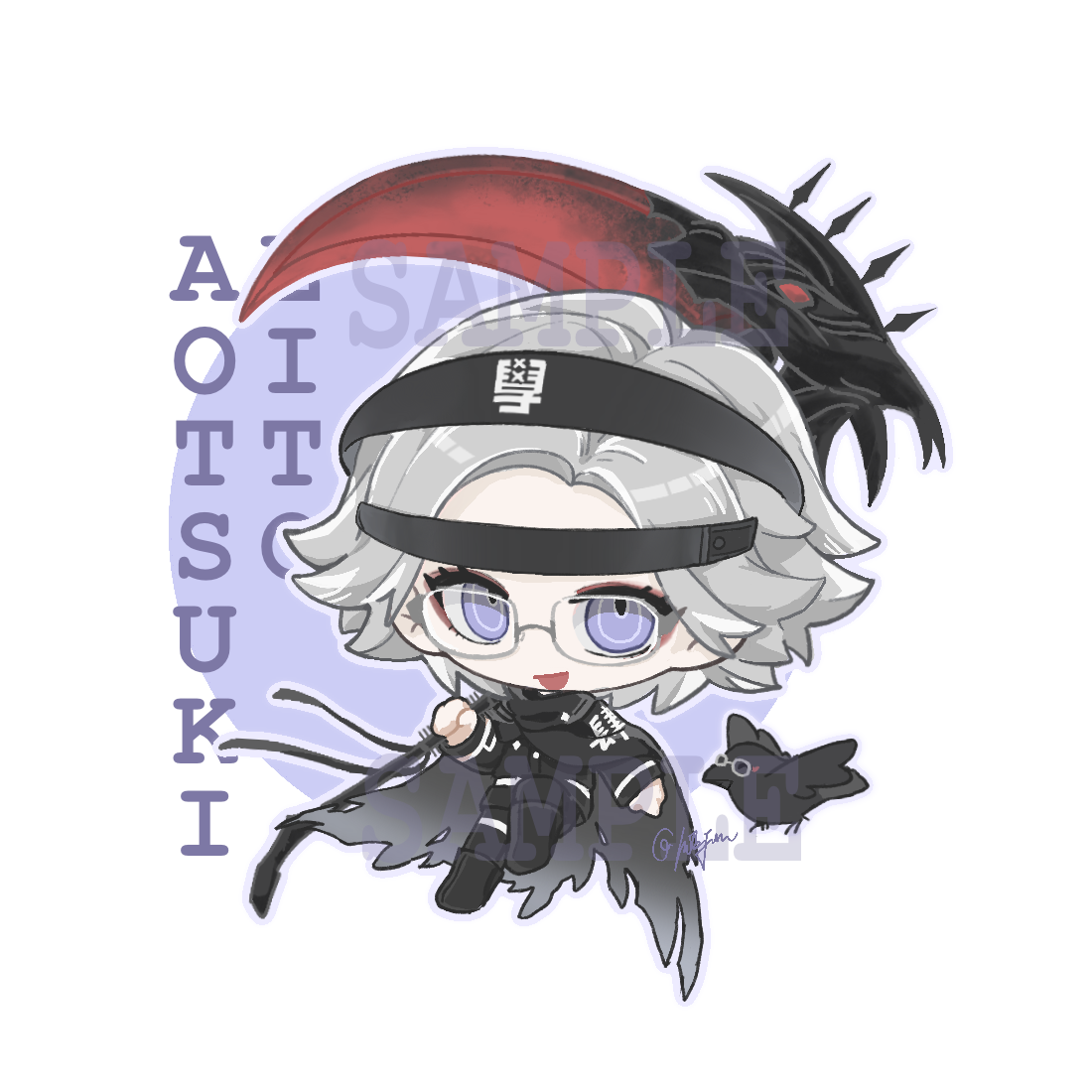 aotsuki eito, the hundred line -last defense academy-, chinese commentary, commentary request, partial commentary, variant set, 1boy, animalization, bird, black cloak, black pants, character name, chibi, chibi only, cloak, crow, eyeliner, eyewear on animal, glasses, grey hair, headgear, holding, holding scythe, holding weapon, last defense academy school uniform, looking at viewer, makeup, male focus, outline, pants, person and animalization, purple background, purple eyes, purple outline, red eyeliner, sample watermark, school uniform, scythe, short hair, smile, solo, two-tone background, watermark, weapon, white background, yinfish798