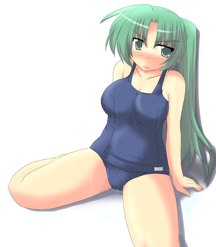 kugui kiyunemu, sonozaki mion, higurashi no naku koro ni, tagme, 00s, blush, simple background, swimsuit, white background