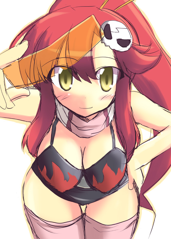 kugui kiyunemu, yoko littner, tengen toppa gurren lagann, eyebrows, 00s, 1girl, belt, bikini, bikini top only, black bikini, black shorts, breasts, cleavage, closed mouth, cowboy shot, female focus, flame print, hair ornament, hand on own hip, holding, holding removed eyewear, large breasts, leaning forward, long hair, looking at viewer, midriff, navel, pink thighhighs, ponytail, red hair, scarf, shorts, simple background, sketch, skull hair ornament, smile, solo, stomach, sunglasses, swimsuit, thigh gap, thighhighs, unworn eyewear, white background, yellow eyes