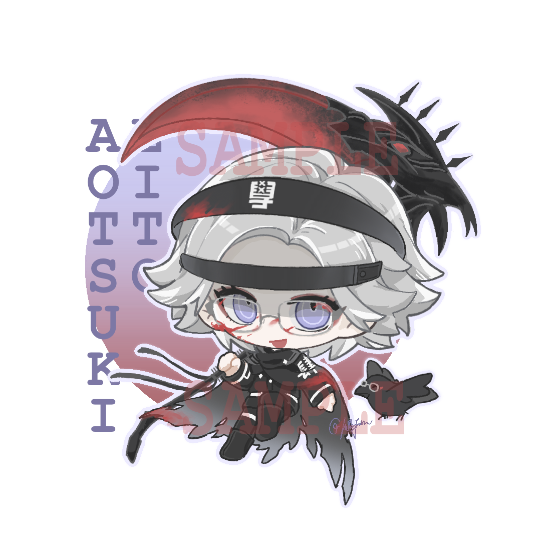 aotsuki eito, the hundred line -last defense academy-, chinese commentary, commentary request, partial commentary, variant set, 1boy, animalization, bird, black cloak, black pants, blood, blood on face, character name, chibi, chibi only, cloak, crow, eyeliner, eyewear on animal, glasses, grey hair, headgear, holding, holding scythe, holding weapon, last defense academy school uniform, looking at viewer, makeup, male focus, outline, pants, person and animalization, purple background, purple eyes, purple outline, red eyeliner, sample watermark, school uniform, scythe, short hair, smile, solo, two-tone background, watermark, weapon, white background, yinfish798