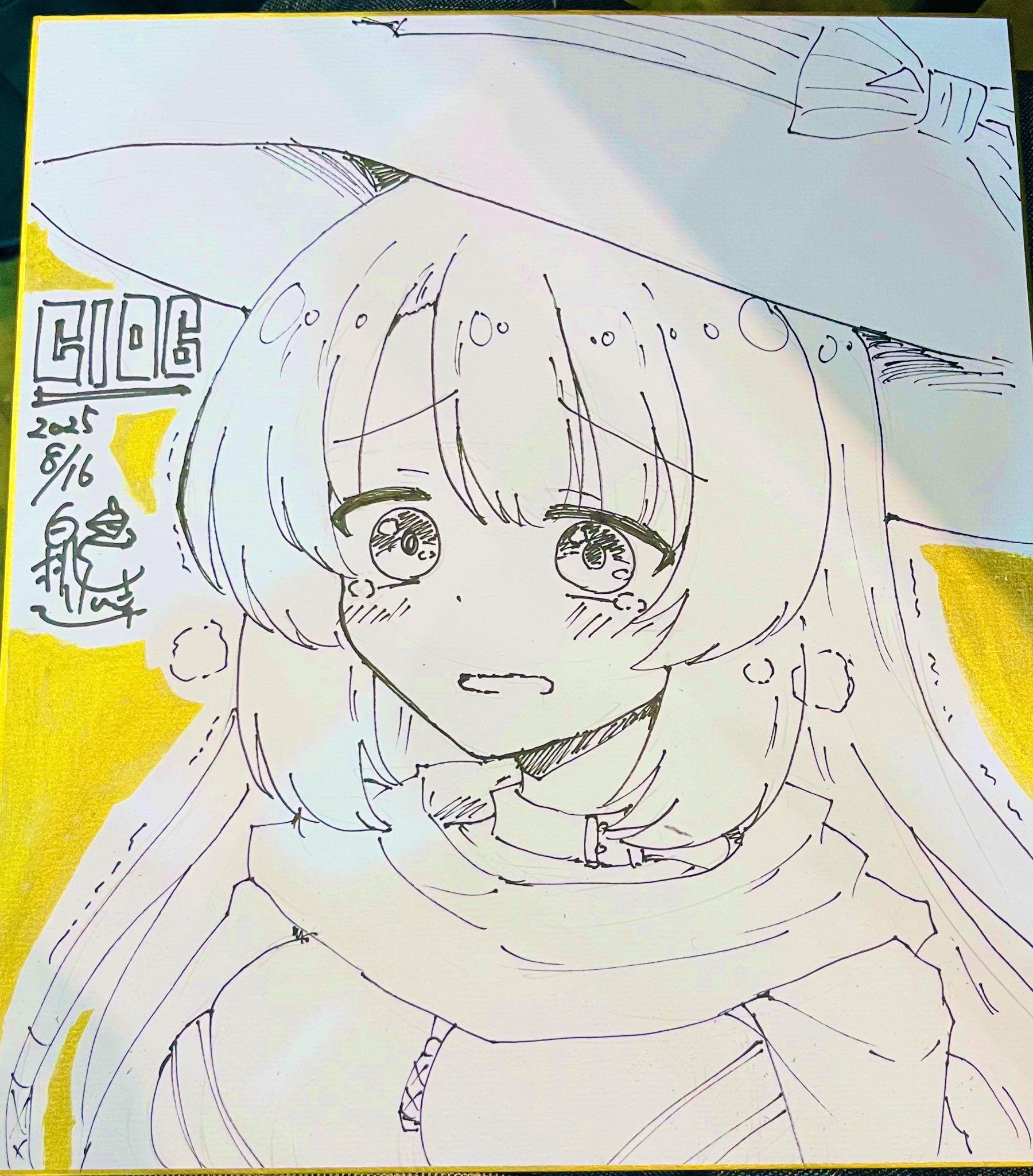 hakutocake, ayachi nene, comiket 106, sanoba witch, commentary request, highres, photo (medium), traditional media, 1girl, 2025, belt collar, blush, bow, breasts, cape, cleavage, collar, dated, embarrassed, eyes visible through hair, furrowed brow, hair between eyes, hat, hat bow, large breasts, long hair, looking down, monochrome, open mouth, shikishi, sidelocks, signature, simple background, skindentation, solo, tearing up, trembling, upper body, wavy mouth, witch hat, yellow background