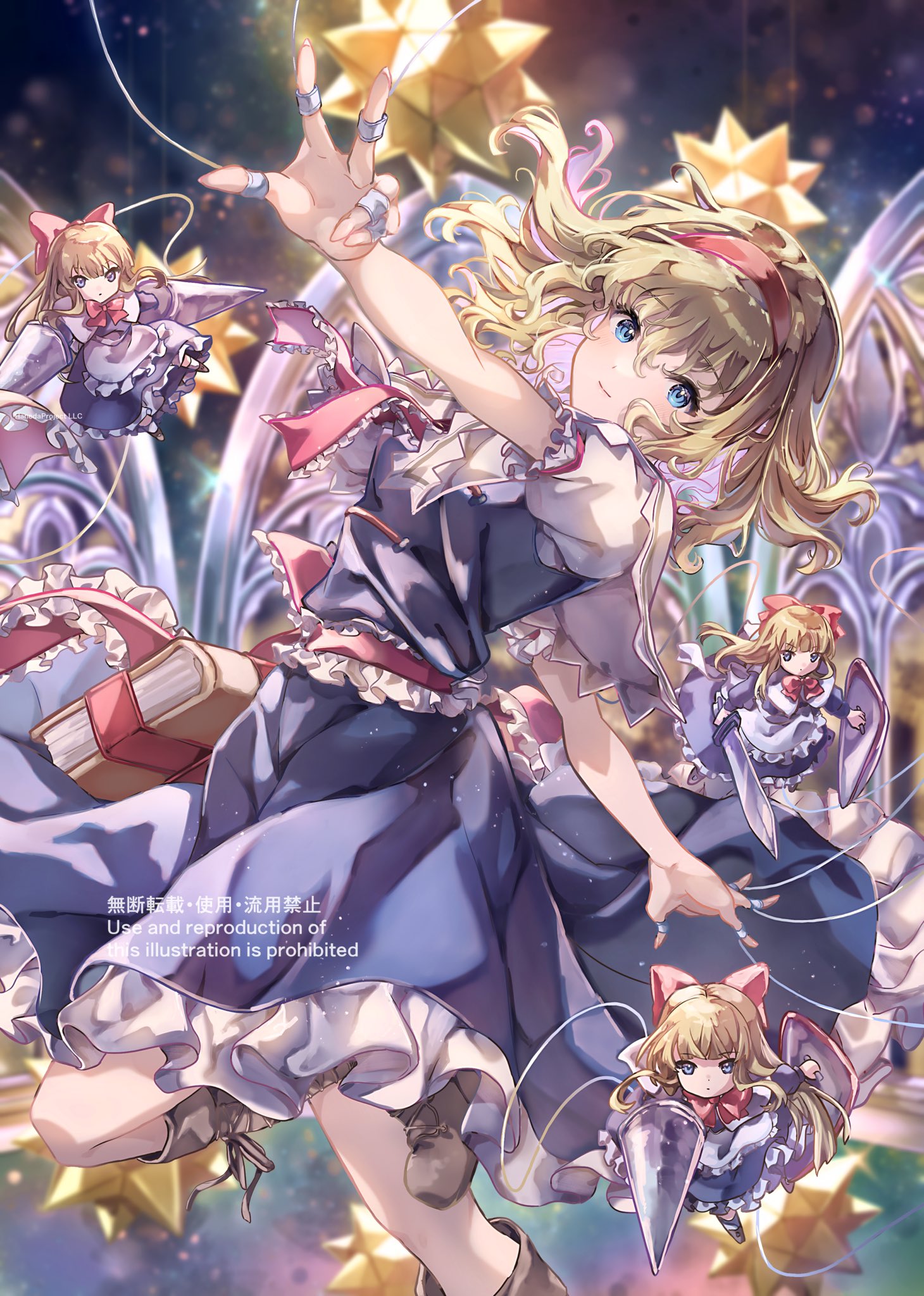 nanop38, alice margatroid, touhou, commentary request, highres, 1girl, apron, blonde hair, blue dress, blue eyes, blurry, blurry background, book, boots, bow, brown boots, capelet, doll, dress, foot out of frame, frilled dress, frilled ribbon, frills, grimoire of alice, hair bow, hairband, hand up, holding, holding polearm, holding shield, holding sword, holding weapon, jewelry, knees, light particles, light smile, long hair, looking at viewer, medium hair, outstretched arms, polearm, puppet rings, puppet strings, red bow, red hairband, red ribbon, red sash, ribbon, ring, sash, shield, small stellated dodecahedron, solo, sword, watermark, weapon, white apron, white capelet