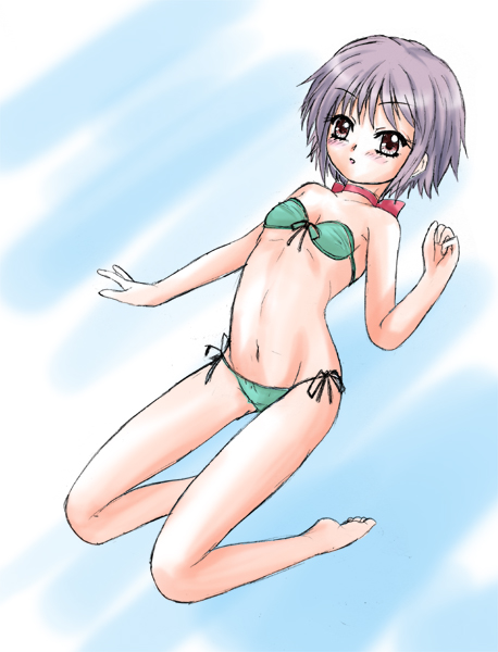 yo-jin, nagato yuki, suzumiya haruhi no yuuutsu, tagme, 00s, 1girl, female focus, full body, navel, solo, swimsuit