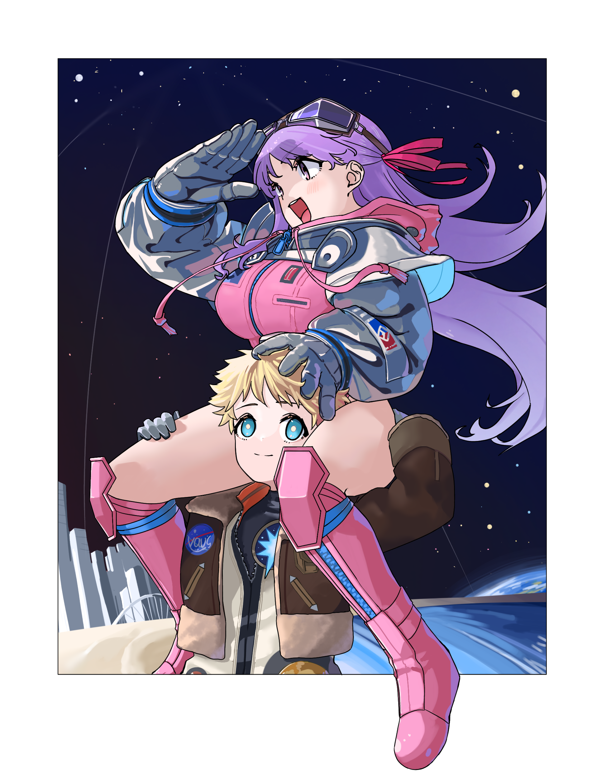 niwaikanai, bb (fate), bb cosmo (fate), voyager (fate), voyager (third ascension) (fate), fate/grand order, fate (series), absurdres, highres, 1boy, 1girl, blonde hair, blue eyes, blush, bomber jacket, boots, breasts, brown jacket, gloves, goggles, goggles on head, grey gloves, grey sleeves, hair ribbon, jacket, knee boots, large breasts, leotard, long hair, long sleeves, open mouth, pink boots, pink leotard, pink ribbon, puffy long sleeves, puffy sleeves, purple eyes, purple hair, ribbon, short hair, shrug (clothing), sky, smile, space, spacesuit, star (sky), starry sky, very long hair