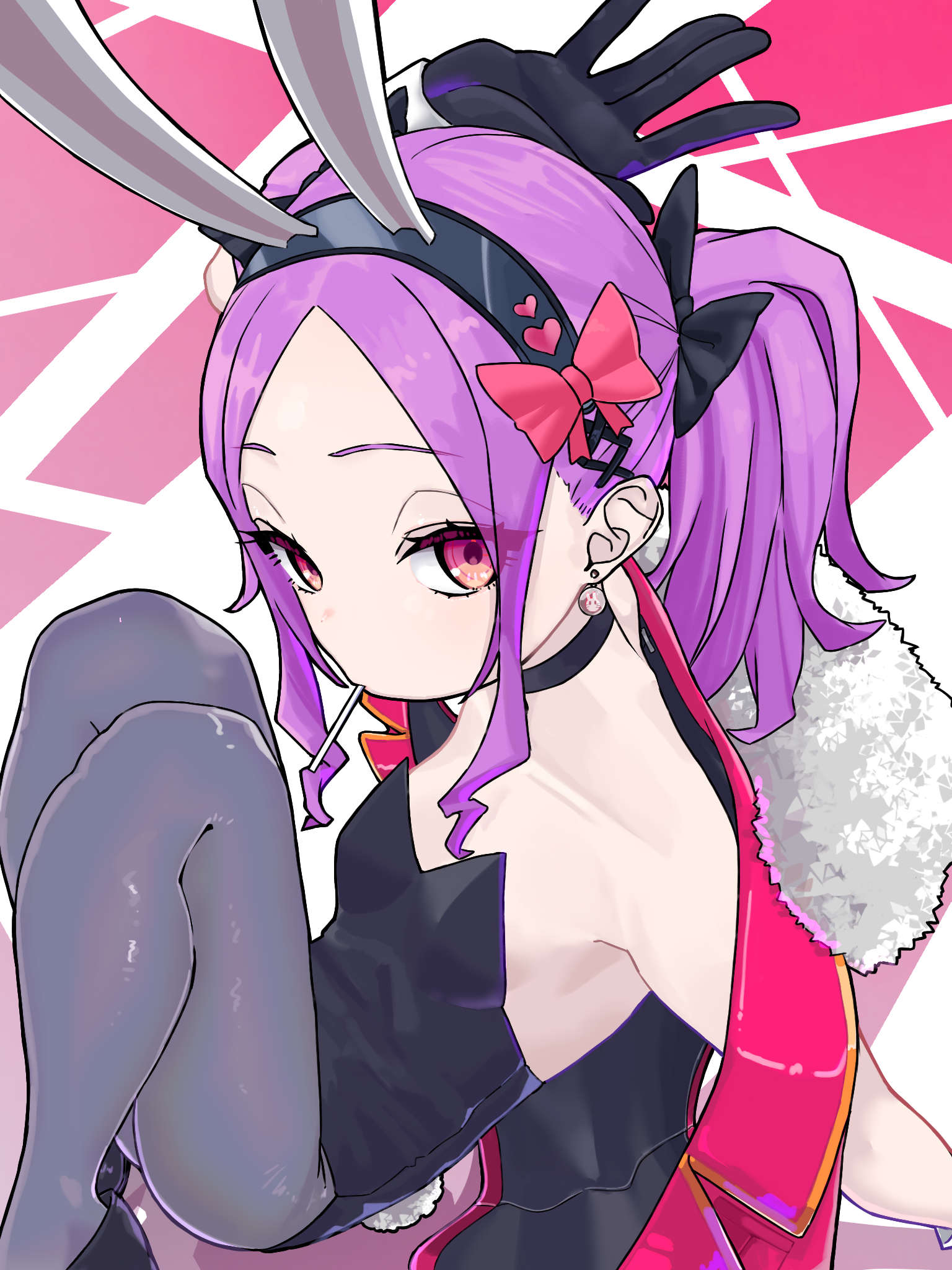 niwaikanai, wu zetian (fate), fate/grand order, fate (series), highres, 1girl, animal ears, bare shoulders, black gloves, black leotard, bow, breasts, choker, fake animal ears, forehead, fur trim, gloves, grey pantyhose, hair bow, leotard, long hair, looking at viewer, off shoulder, pantyhose, parted bangs, playboy bunny, purple eyes, purple hair, rabbit ears, red vest, sidelocks, small breasts, solo, twintails, vest