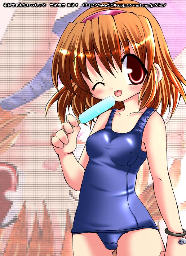 tsukimiya ayu, kanon, brown eyes, brown hair, child, food, hairband, ice cream, popsicle, school swimsuit, swimsuit