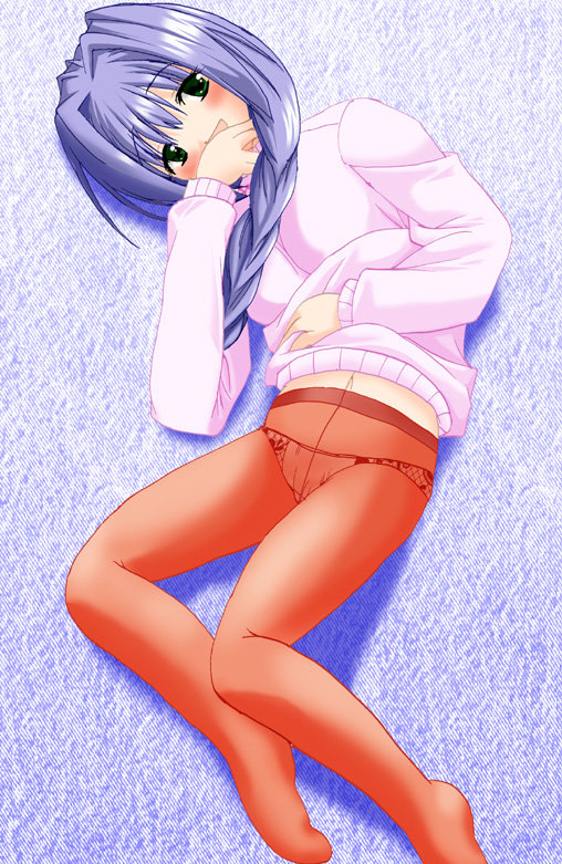 aiume rm, minase akiko, kanon, blue hair, blush, braid, green eyes, long hair, lying, mature female, panties, pantyhose, sweater, underwear