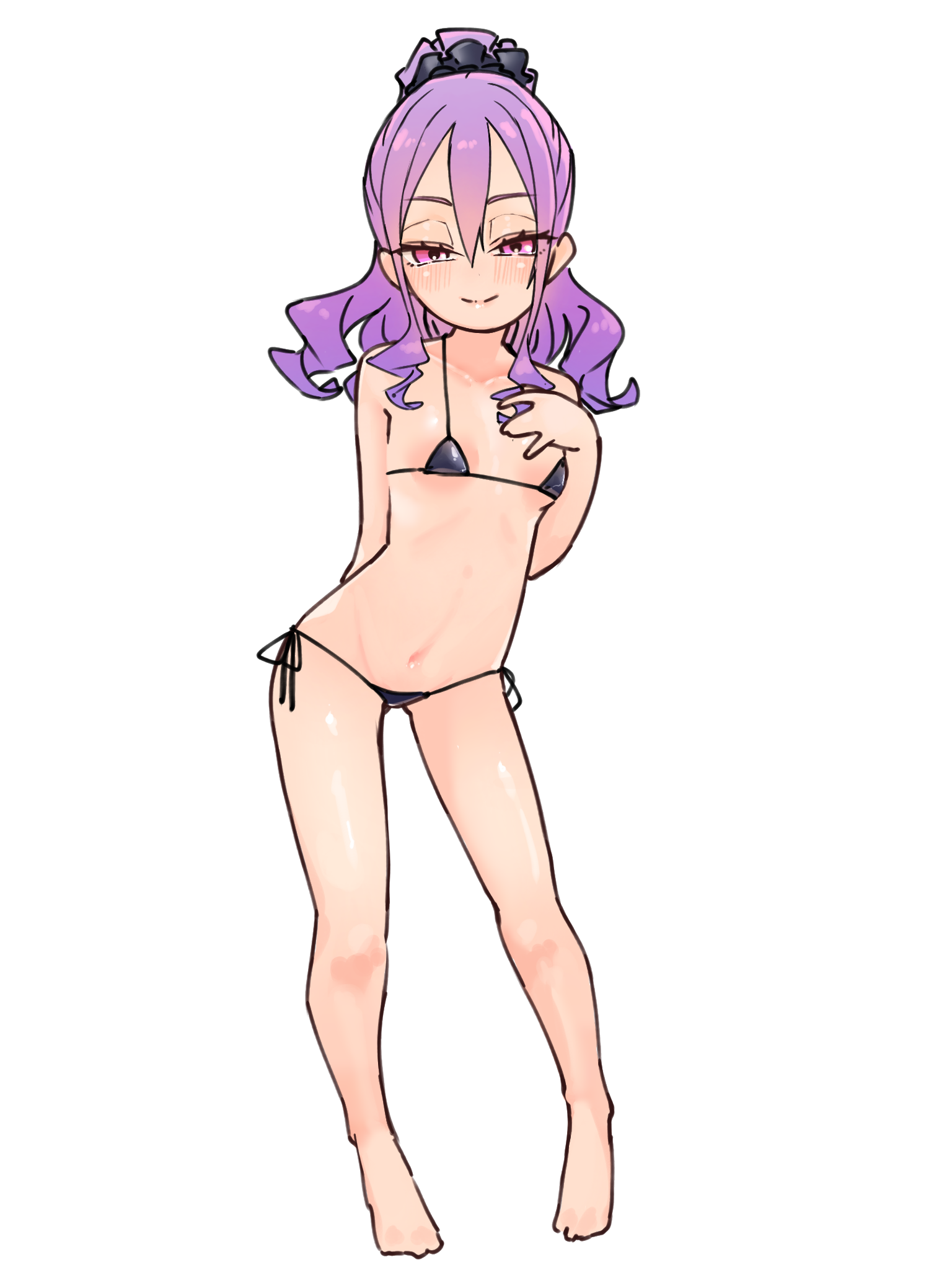 niwaikanai, wu zetian (fate), fate/grand order, fate (series), highres, 1girl, barefoot, bikini, black bikini, blush, breasts, full body, hair between eyes, hair ornament, hair scrunchie, long hair, looking at viewer, micro bikini, navel, ponytail, purple eyes, purple hair, scrunchie, sidelocks, small breasts, smile, swimsuit