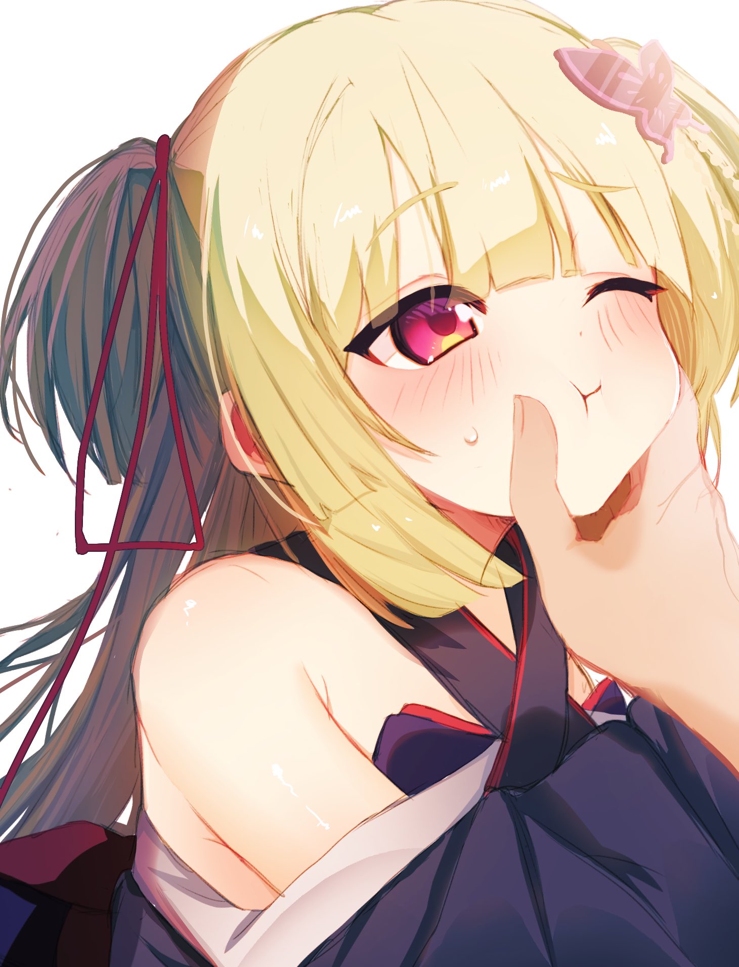murasame (senren), senren banka, commentary, highres, 1boy, 1girl, ;t, armpit crease, azumaru a, bare shoulders, black kimono, blunt bangs, blunt ends, blush, butterfly hair ornament, cheek squash, closed mouth, criss-cross halter, eyes visible through hair, furrowed brow, green hair, hair ornament, hair ribbon, halterneck, hime cut, japanese clothes, kimono, long hair, long ribbon, long sleeves, looking at another, one eye closed, red eyes, red ribbon, ribbon, sidelocks, simple background, solo focus, straight hair, sweatdrop, tsurime, two side up, upper body, white background, wide sleeves