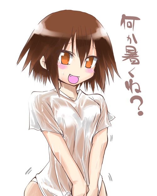 hane (hanegoya), kusakabe misao, lucky star, translated, 00s, 1girl, blush, bottomless, breasts, breasts squeezed together, fang, female focus, no bra, see-through clothes, shirt, small breasts, solo, wet, wet clothes, wet shirt