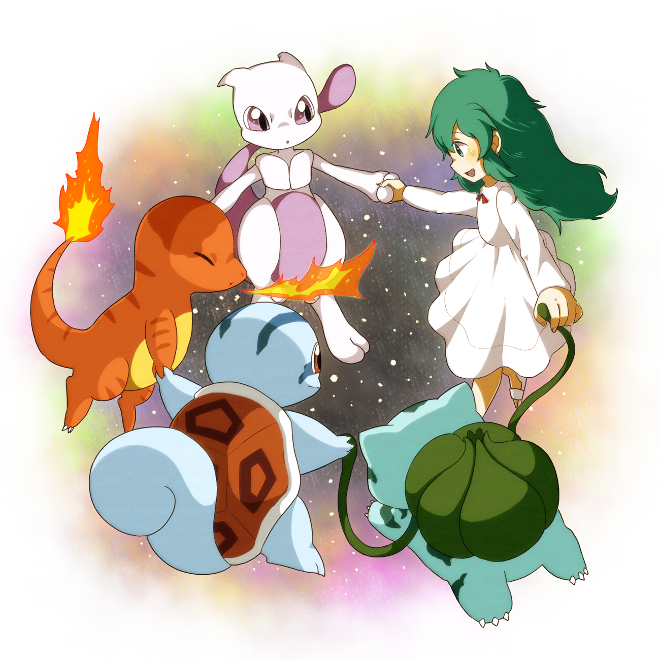 ambertwo (pokemon), bulbasaur, bulbasaurtwo, charmander, charmandertwo, mewtwo, squirtle, squirtletwo, nintendo, pokemon, pokemon: the first movie – mewtwo strikes back, pokemon (anime), pokemon (classic anime), commentary request, highres, 1girl, :o, blush, breath weapon, breathing fire, brown eyes, bud, closed eyes, closed mouth, dress, fire, flame-tipped tail, gen 1 pokemon, go-mikihappy, green eyes, green hair, holding hands, legendary pokemon, open mouth, plant, pokemon (creature), purple eyes, smile, starter pokemon trio, tail, vines, white dress