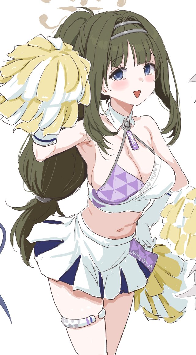 clearite, tsumugi (blue archive), blue archive, 1girl, blush, breasts, brown halo, cheerleader, cleavage, green hair, halo, holding, holding pom poms, large breasts, long hair, looking at viewer, midriff, millennium cheerleader outfit (blue archive), navel, open mouth, pom pom (cheerleading), pom poms, ponytail, sidelocks, skirt, solo, white skirt