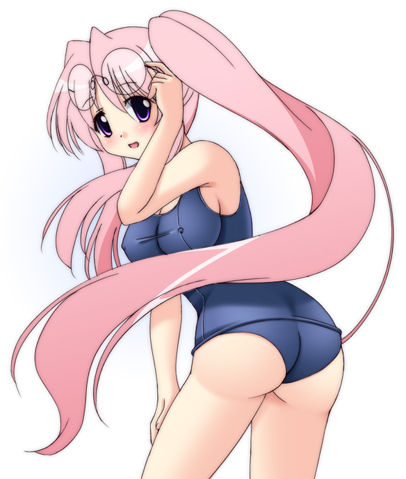 narutaki shin, takara miyuki, lucky star, 00s, 1girl, breasts, covered erect nipples, female focus, glasses, large breasts, long hair, one-piece swimsuit, pink hair, school swimsuit, solo, swimsuit