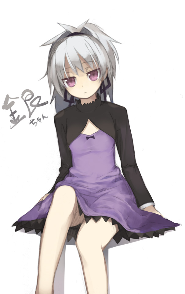 kashiwamochi yomogi, yin (darker than black), darker than black, 00s, 1girl, bare legs, dress, female focus, grey hair, hair ribbon, hairband, long sleeves, looking at viewer, ponytail, purple dress, purple eyes, purple skirt, ribbon, short hair, simple background, sitting, skirt, solo, spiked hair, white background