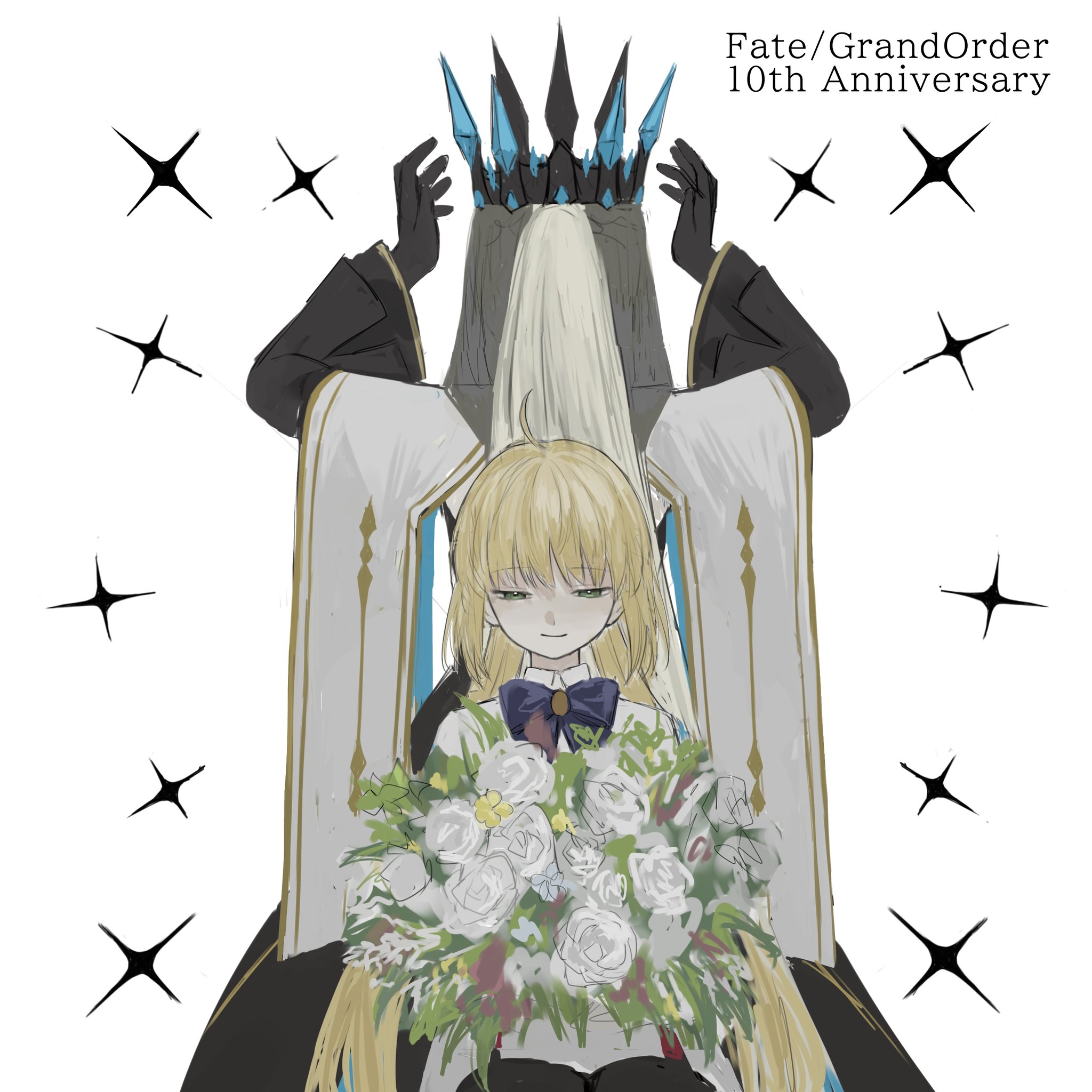 rurubusandayo, artoria caster (fate), artoria pendragon (fate), morgan le fay (fate), morgan le fay (queen of winter) (fate), fate/grand order, fate (series), highres, 2girls, ahoge, black dress, black gloves, blonde hair, braid, crown, dress, flower, gloves, green eyes, hair between eyes, half up braid, long hair, long sleeves, multiple girls, ponytail, simple background, sitting, smile, standing, veil, very long hair, white background, white hair
