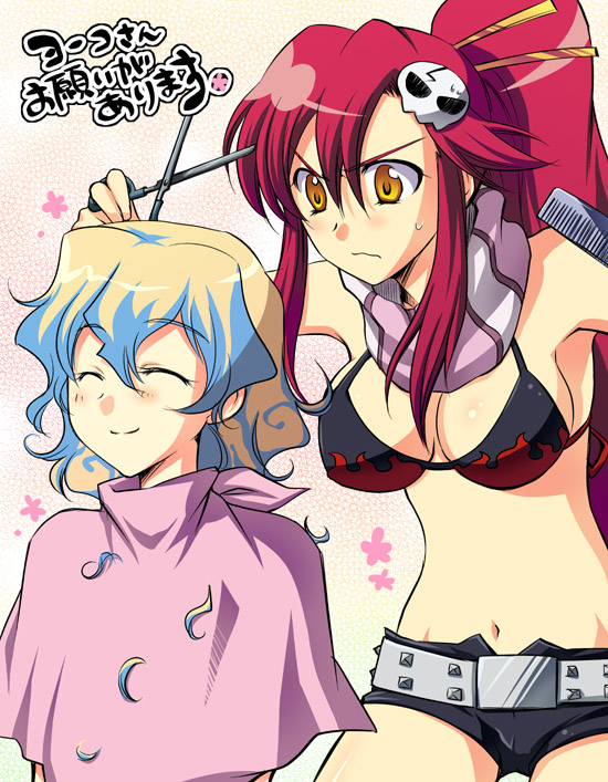 kusata murasaki, nia teppelin, yoko littner, tengen toppa gurren lagann, >:(, 00s, 2girls, bare shoulders, belt, bikini, bikini top only, blonde hair, blue hair, buckle, comic, cutting another's hair, cutting hair, frown, hair ornament, midriff, multicolored hair, multiple girls, navel, ponytail, scissors, short hair, short shorts, shorts, simple background, skull hair ornament, standing, stomach, swimsuit, two-tone hair, v-shaped eyebrows, white background