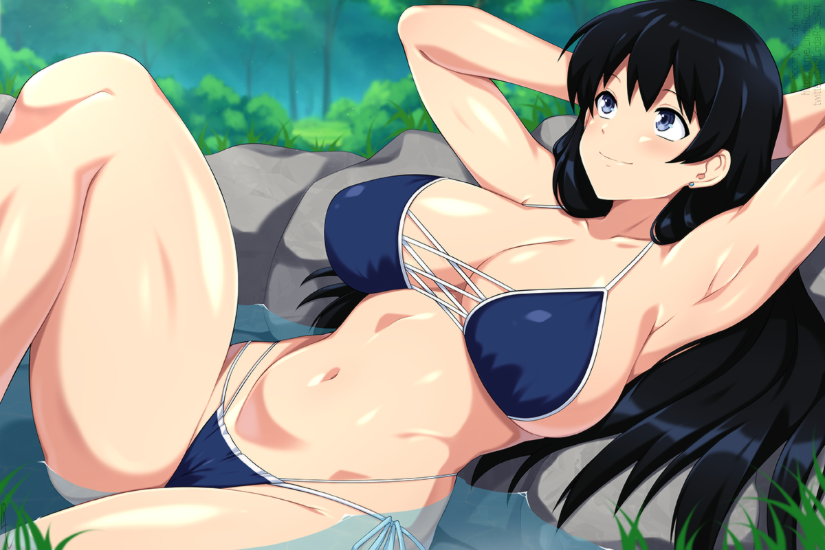 lindaroze, arato nagi, ruri no houseki, commentary, english commentary, 1girl, armpits, arms behind head, arms up, bikini, black hair, blue bikini, blurry, blurry background, blush, breasts, closed mouth, collarbone, day, feet out of frame, knee up, large breasts, light smile, long hair, looking up, multi-strapped bikini bottom, navel, outdoors, side-tie bikini bottom, solo, swimsuit, thick thighs, thighs, tree, water