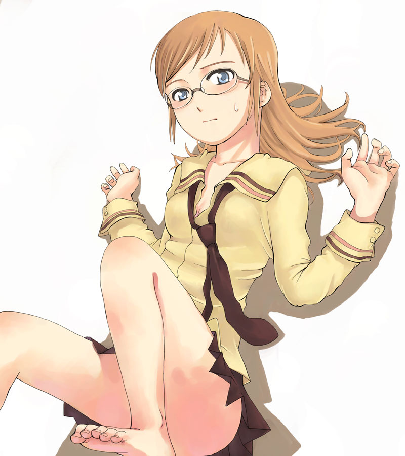 yamamoto shima, 1girl, barefoot, blue eyes, brown hair, feet, female focus, glasses, necktie, no panties, school uniform, serafuku, skirt, solo, sweat
