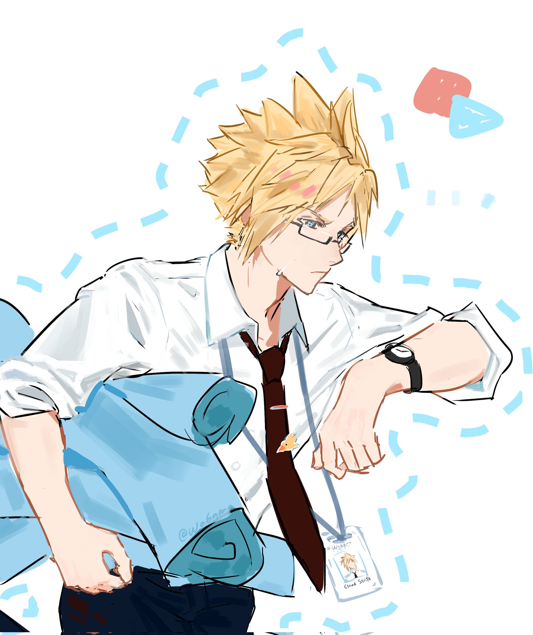 chocobo, cloud strife, final fantasy, final fantasy vii, final fantasy vii remake, commentary, english commentary, highres, 1boy, alternate costume, black necktie, black pants, blonde hair, blue eyes, blueprint (object), character name, closed mouth, collared shirt, glasses, holding, holding blueprints, id card, looking at watch, male focus, necktie, pants, shirt, short hair, simple background, solo, sweatdrop, upper body, wa6gma, white background, white shirt, working, wristband