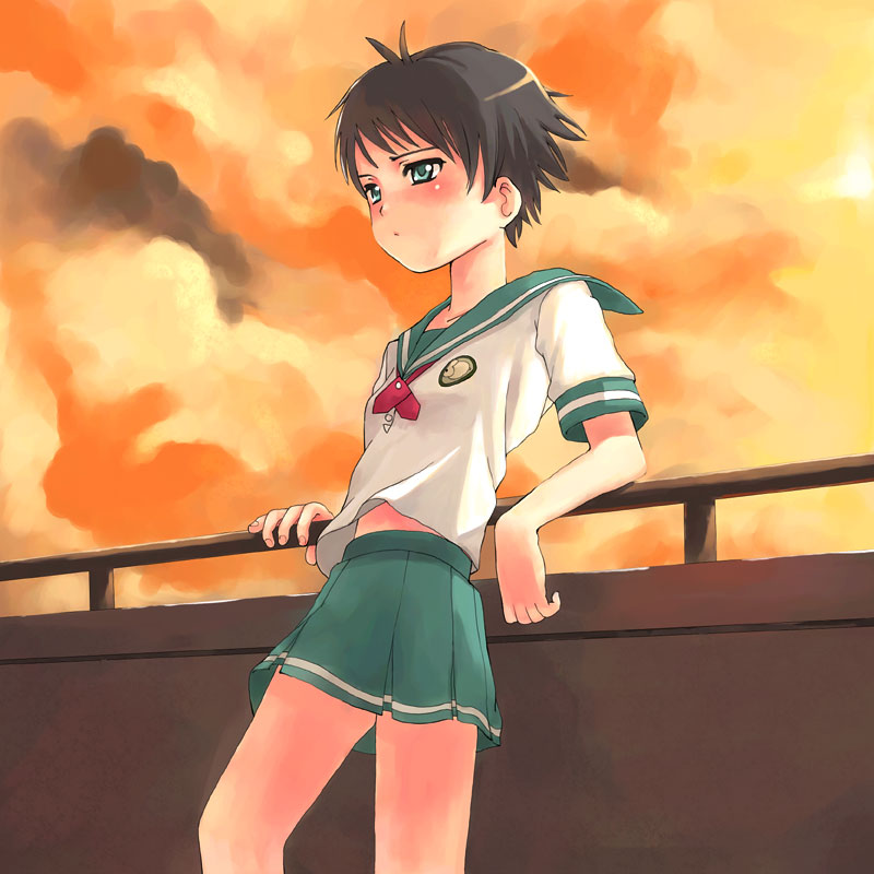 yamamoto shima, kikuchi makoto, idolmaster, idolmaster xenoglossia, 00s, 1girl, antenna hair, bare legs, blue eyes, blue skirt, brown hair, cloud, cloudy sky, emblem, female focus, leaning, outdoors, pleated skirt, railing, sailor collar, school uniform, serafuku, short hair, short sleeves, skirt, sky, solo, standing, sunlight