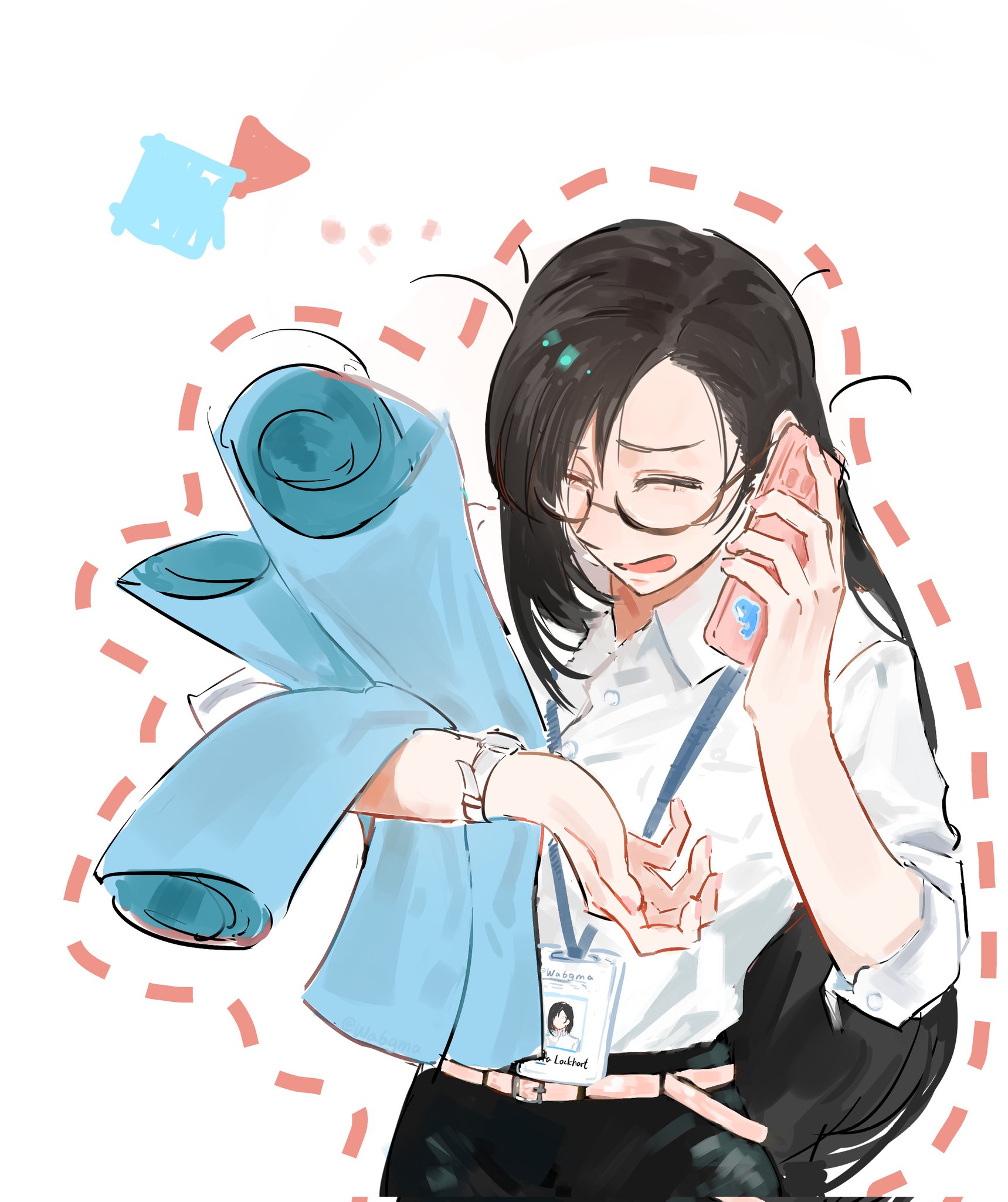 tifa lockhart, final fantasy, final fantasy vii, final fantasy vii remake, commentary, english commentary, highres, 1girl, alternate costume, belt, black hair, black skirt, blueprint (object), character name, closed eyes, collared shirt, dolphin, glasses, holding, holding blueprints, holding phone, id card, long hair, open mouth, phone, pink belt, shirt, simple background, skirt, solo, talking on phone, upper body, wa6gma, watch, white background, white shirt, working, wristwatch