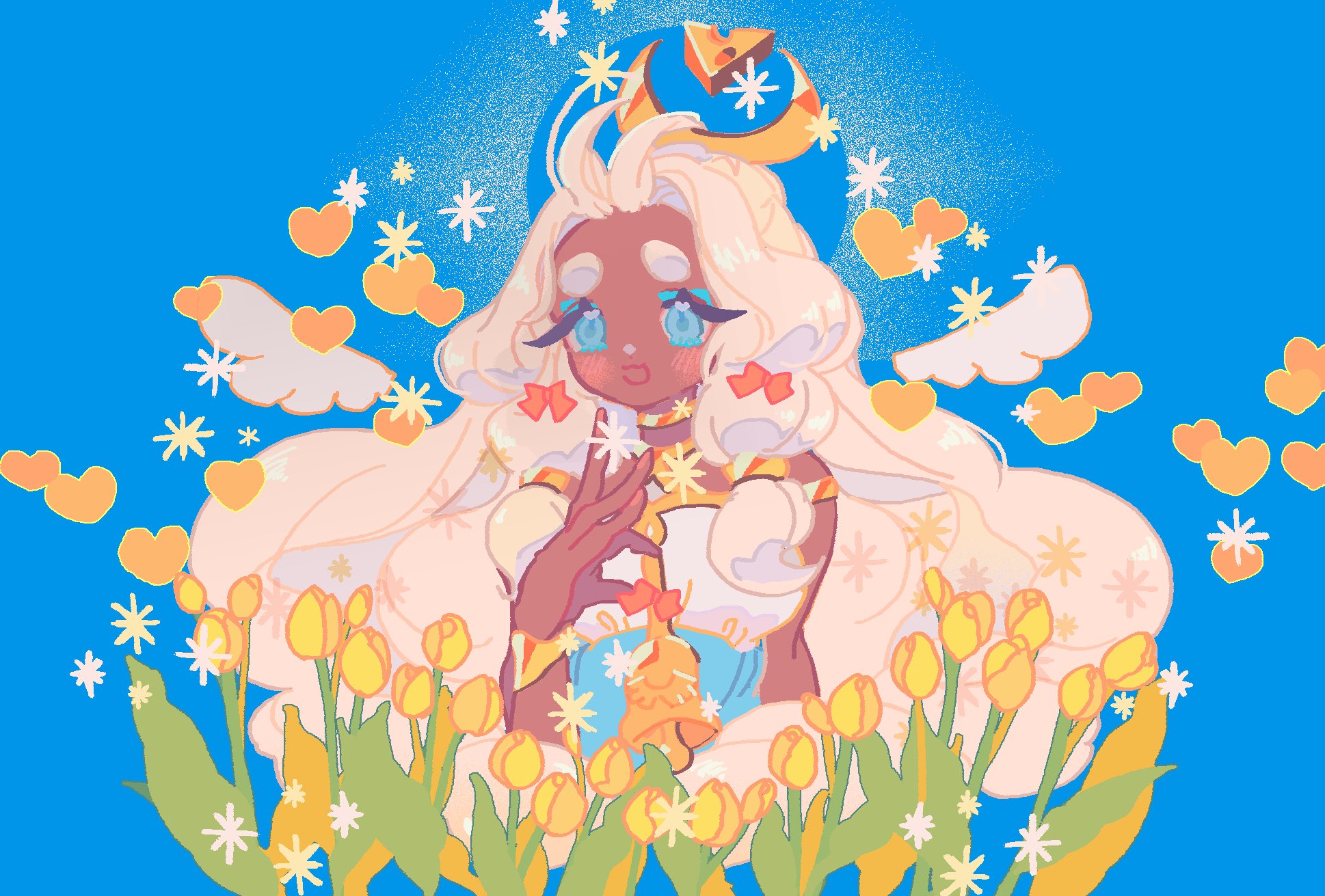 reed, mozzarella cookie, cookie run, cookie run: kingdom, commentary, highres, symbol-only commentary, 1girl, :d, antenna hair, arm at side, bare shoulders, big hair, blue background, blue dress, blue eyes, blush, bow, bracelet, cropped torso, curtained hair, dark-skinned female, dark skin, dot nose, dress, flower, gold bracelet, gold choker, gold trim, hair bow, hair over shoulder, hand up, heart, heart in eye, holding, humanization, jewelry, long hair, looking at viewer, low-tied sidelocks, open mouth, orange bow, sidelocks, simple background, smile, solo, star (symbol), strapless, strapless dress, symbol in eye, tulip, two-tone dress, very long hair, wavy hair, white dress, white wings, wings, yellow flower, yellow tulip