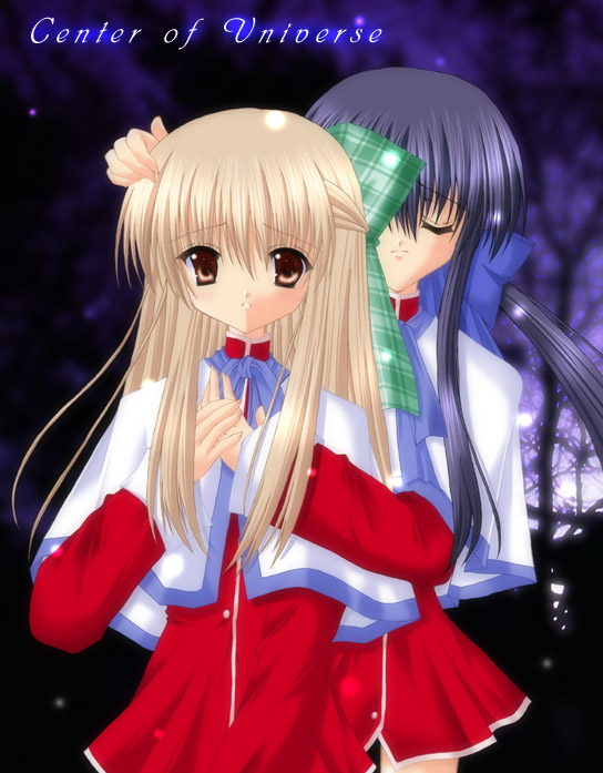seiryuu shizuku, kawasumi mai, kurata sayuri, kanon, 2girls, black hair, blonde hair, bow, brown eyes, closed eyes, forest, hair bow, multiple girls, nature, school uniform, serafuku