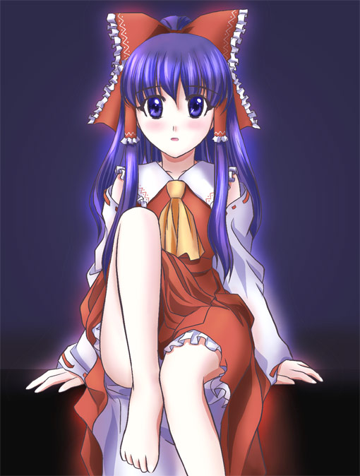 yamaguchi takashi, yamaguchi yuu, hakurei reimu, touhou, 1girl, barefoot, blue eyes, blue hair, blush, female focus, hair ribbon, hair tubes, japanese clothes, leg lift, long hair, matching hair/eyes, miko, ribbon, sitting, solo