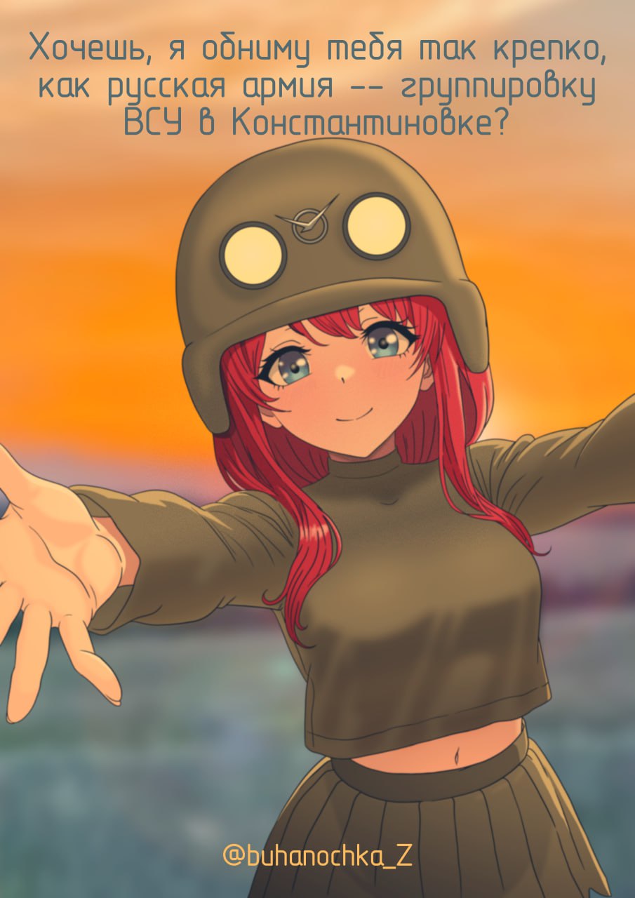 buhanochka z, buhanka-chan, original, highres, translation request, 1girl, blue eyes, blurry, blurry background, breasts, combat helmet, green shirt, green turtleneck, helmet, incoming hug, large breasts, looking at viewer, medium hair, midriff, navel, orange sky, outstretched arms, red hair, russian ground forces, russian text, russo-ukrainian war, shirt, sky, smile, spread arms, sunset, telegram id, turtleneck, turtleneck shirt, uaz (logo)