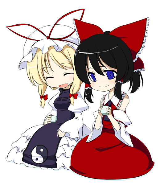 sakuraba yuuki, hakurei reimu, yakumo yukari, touhou, 2girls, black hair, blonde hair, blue eyes, chibi, closed eyes, cup, female focus, hat, multiple girls, ribbon, smile