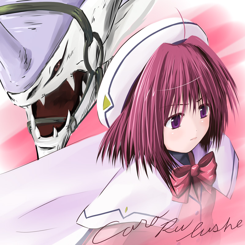 ogata, caro ru lushe, lyrical nanoha, mahou shoujo lyrical nanoha, mahou shoujo lyrical nanoha strikers, 00s, 1girl, ahoge, beret, bow, bowtie, capelet, expressionless, female focus, frills, hat, monster, purple hair, red bow, red bowtie, short hair, solo, upper body