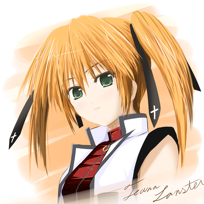 ogata, teana lanster, lyrical nanoha, mahou shoujo lyrical nanoha, mahou shoujo lyrical nanoha strikers, 00s, 1girl, bare shoulders, blonde hair, closed mouth, cross, cross print, female focus, green eyes, hair ribbon, looking at viewer, ribbon, sleeveless, smile, solo, twintails, upper body, vest