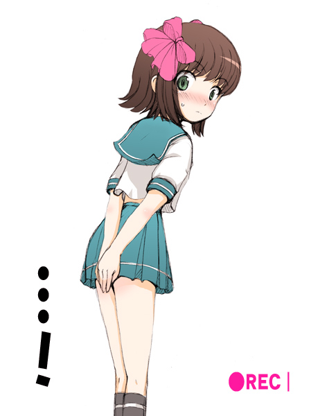 onion (lemlaml), idolmaster, tagme, 00s, 1girl, female focus, school uniform, serafuku, simple background, skirt, solo, standing, white background