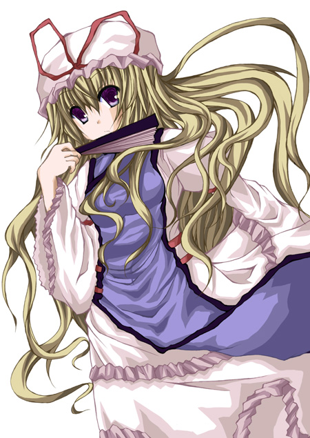 sawaki saki, yakumo yukari, touhou, 1girl, blonde hair, dress, female focus, folding fan, hand fan, hat, holding, holding fan, mob cap, simple background, solo, white background, white hat, yellow eyes