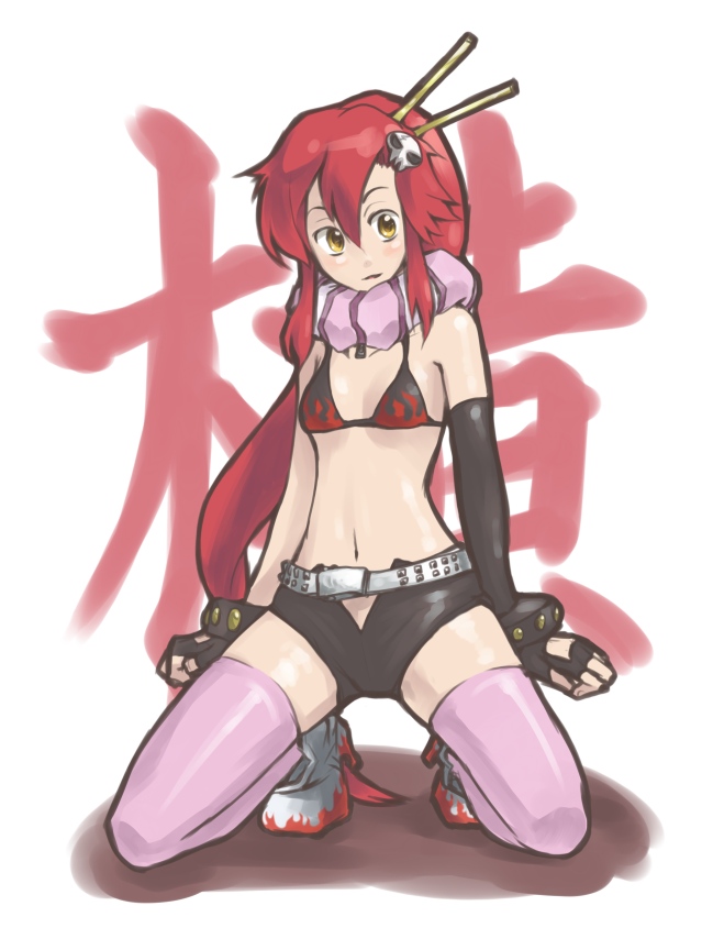 oso (toolate), yoko littner, tengen toppa gurren lagann, 00s, bikini, elbow gloves, gloves, long hair, pink thighhighs, ponytail, red hair, solo, swimsuit, thighhighs, yellow eyes