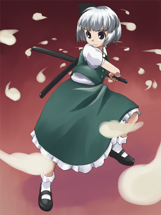c-lop, konpaku youmu, touhou, tagme, 1girl, female focus, full body, gradient background, katana, skirt, solo, sword, weapon