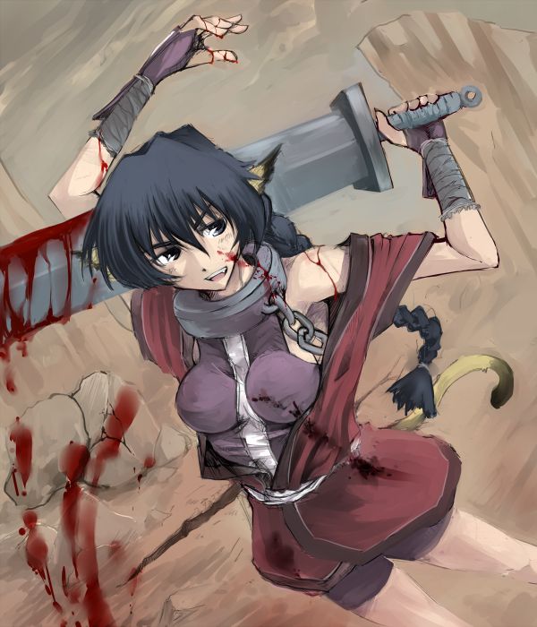karulau, utawarerumono, blade, 00s, 1girl, animal ears, blood, breasts, chain, huge weapon, sash, shorts, sword, tail, weapon, zanbatou