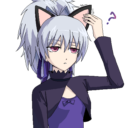 yin (darker than black), darker than black, lowres, 00s, 1girl, ?, animal ears, cat ears, cat girl, dress, female focus, hair ribbon, long sleeves, maroon eyes, ponytail, purple dress, purple ribbon, ribbon, simple background, solo, white background