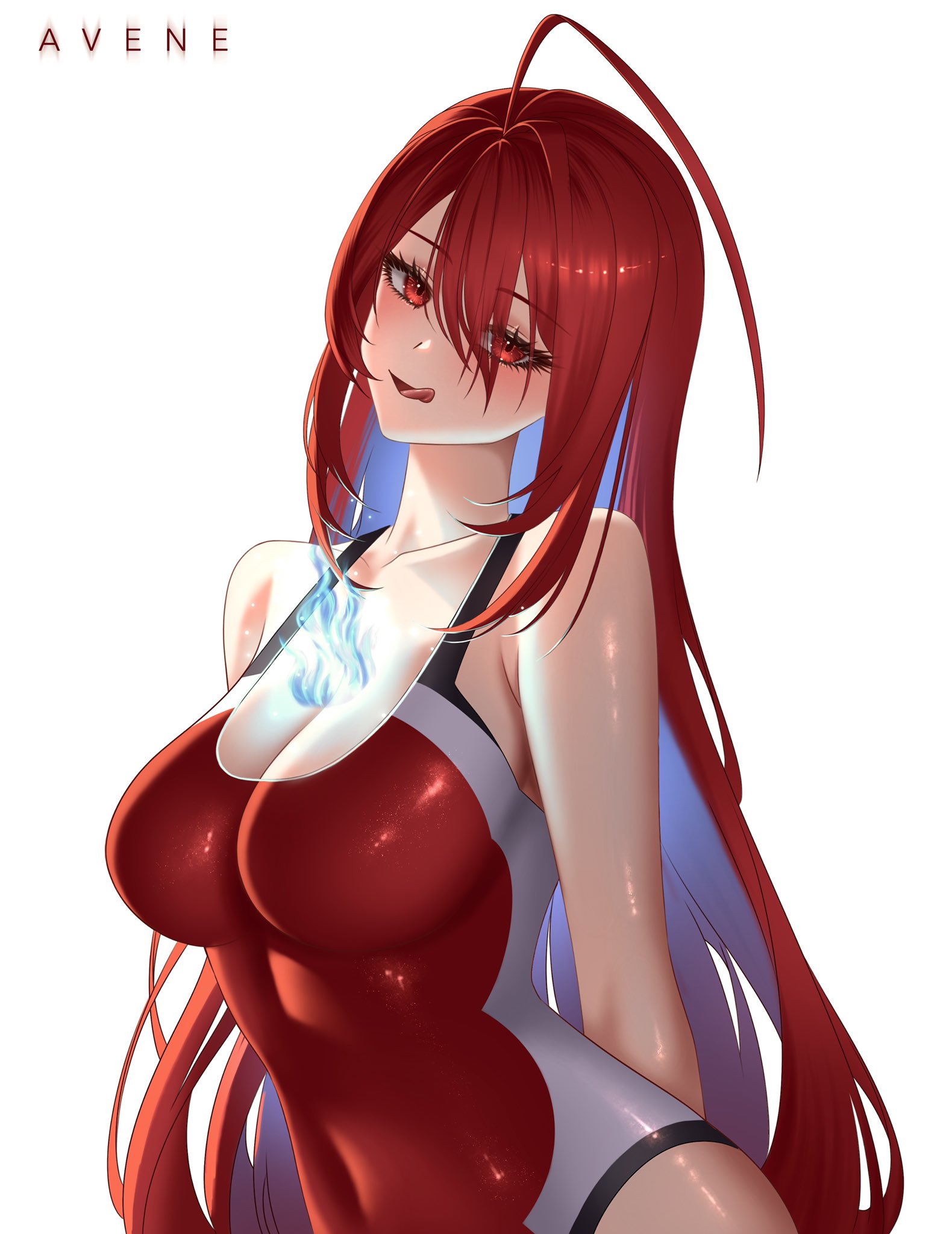 elizabeth rose bloodflame, elizabeth rose bloodflame (holonatsu paradise), hololive, hololive english, commentary, english commentary, highres, revision, 1girl, ahoge, arms behind back, avene chan, bare arms, blue fire, blue hair, breasts, cleavage, colored inner hair, competition swimsuit, covered navel, fire, fire on chest, hair between eyes, huge ahoge, large breasts, long hair, looking at viewer, multicolored hair, official alternate costume, one-piece swimsuit, open mouth, red eyes, red hair, red one-piece swimsuit, simple background, solo, swimsuit, very long hair, virtual youtuber, white background