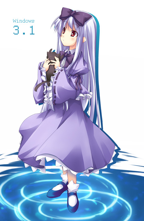 shimakaze (soundz of bell), 3.1-tan, microsoft windows, os-tan, eyebrows, looking away, silver hair, 1girl, albino, animal, blue shoes, blush, bow, cat, character name, closed mouth, dress, female focus, frilled sleeves, frills, full body, hair bow, holding, holding animal, holding cat, long hair, long sleeves, looking up, puffy long sleeves, puffy sleeves, purple bow, purple dress, purple ribbon, red eyes, ribbon, ribbon-trimmed sleeves, ribbon trim, ripples, shoes, socks, solo, standing, standing on liquid, straight hair, very long hair, white socks, wide sleeves