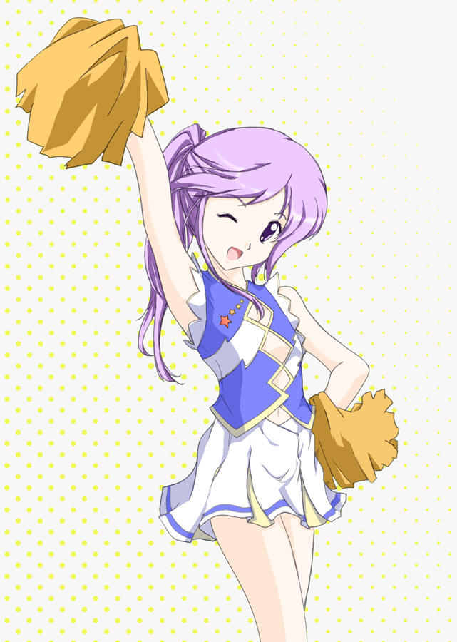 watarase jun, happiness!, 00s, 1boy, cheerleader, gradient background, hand on own hip, male focus, navel, one eye closed, purple eyes, purple hair, skirt, solo, trap, white background, wink