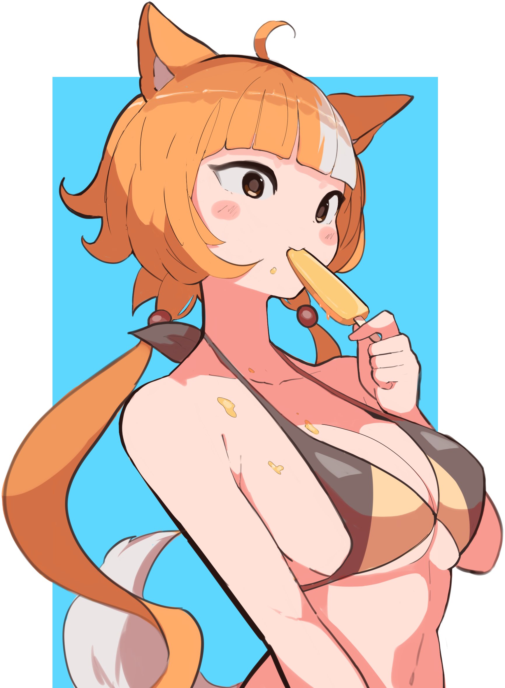 akisas99, original, highres, 1girl, animal ears, bikini, eating, food, food on body, food on face, orange hair, popsicle, solo, swimsuit, tail, twintails
