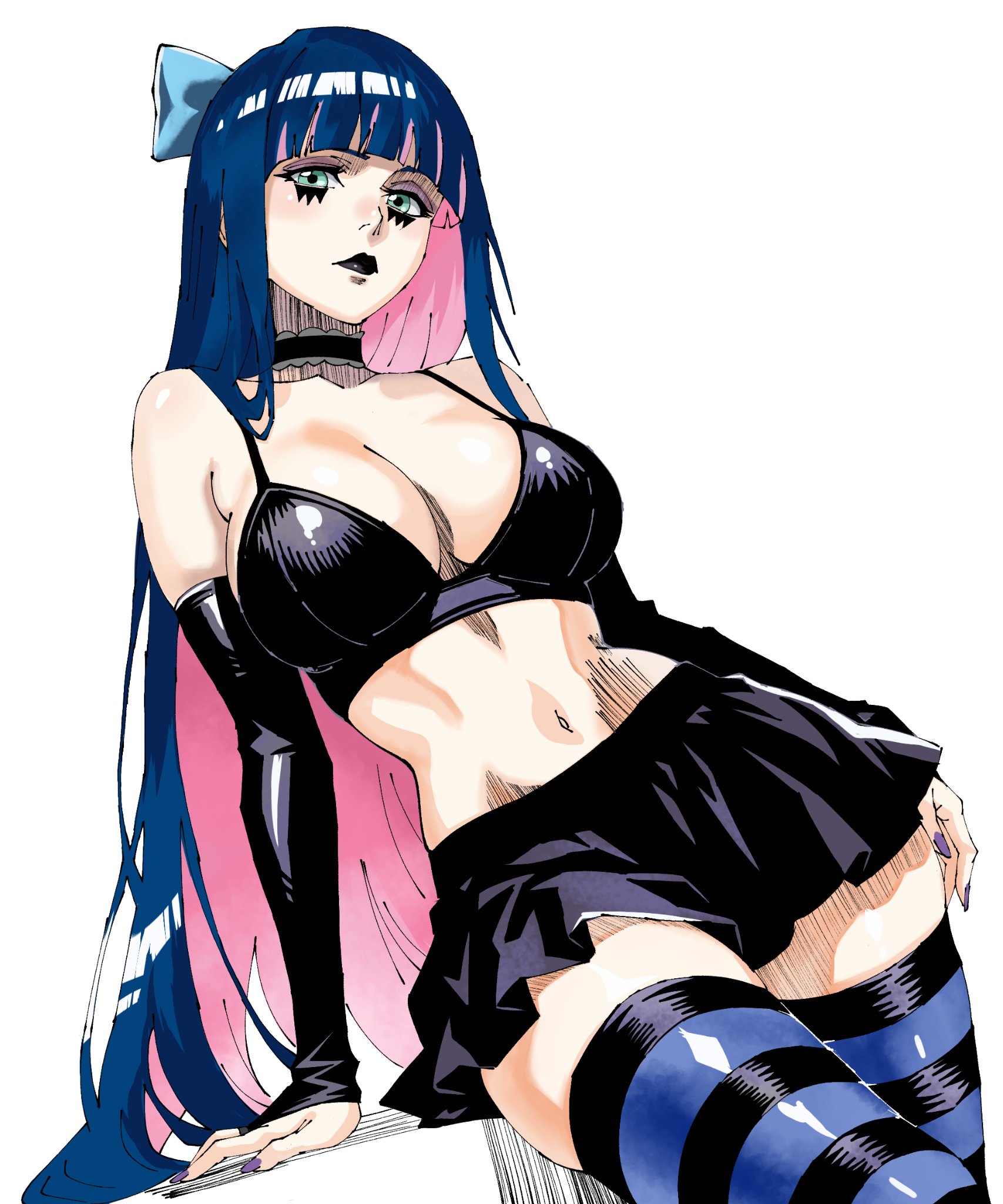 lorna12155671, stocking (psg), panty & stocking with garterbelt, bad id, bad twitter id, highres, 1girl, black choker, black eyeshadow, black nails, blue eyes, blunt bangs, bow, breasts, choker, colored inner hair, eyeshadow, goth fashion, hair bow, large breasts, long hair, looking at viewer, makeup, multicolored hair, pink hair, purple hair, simple background, solo, striped clothes, striped leggings, striped thighhighs, thighhighs, two-tone hair
