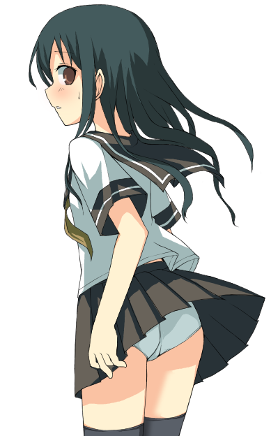 ikura hato, original, 1girl, ass, female focus, panties, pantyshot, school uniform, serafuku, skirt, solo, thighhighs, underwear, upskirt, wind, wind lift, zettai ryouiki