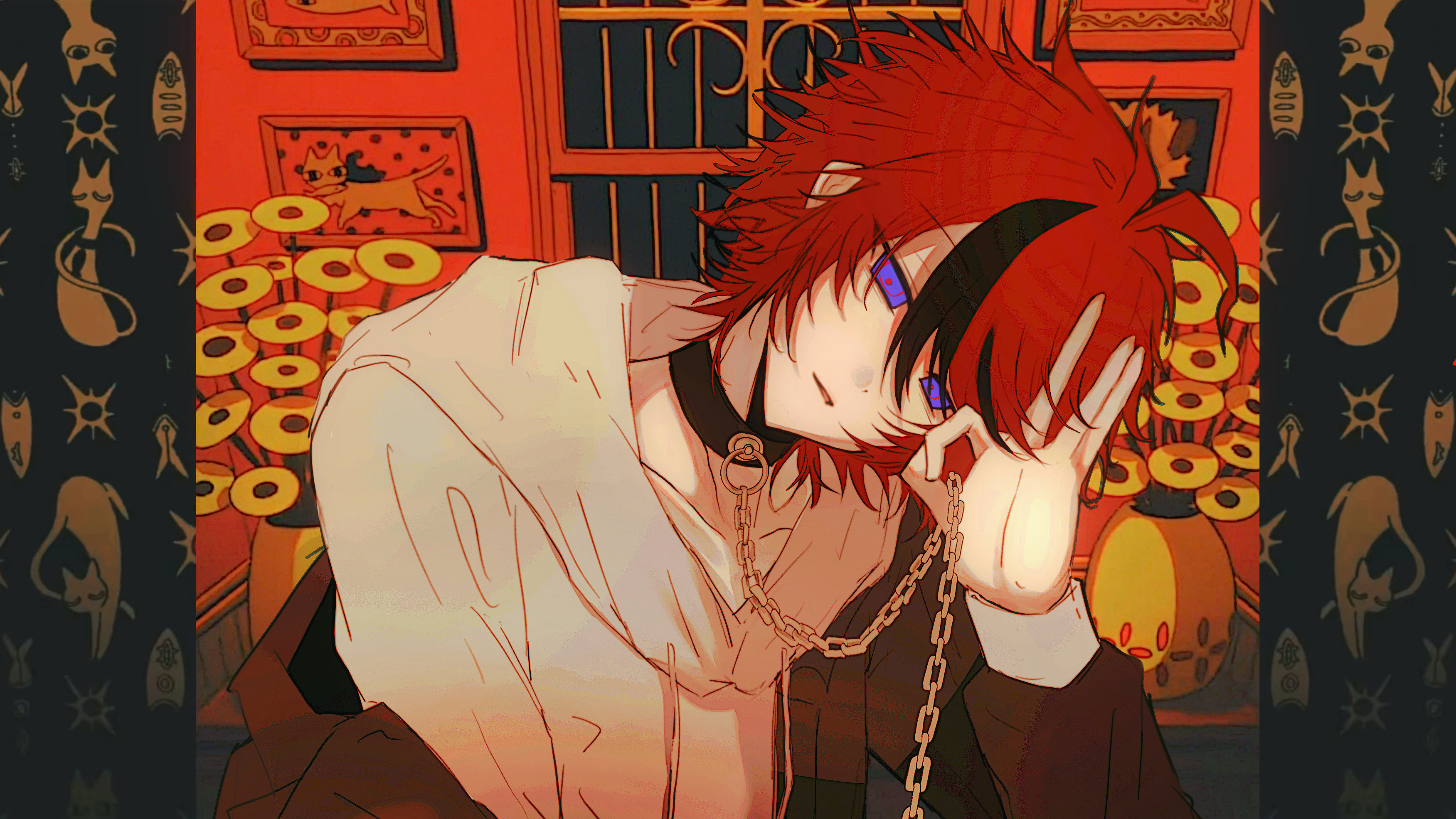 sumino takumi, the hundred line -last defense academy-, absurdres, chinese commentary, commentary request, highres, 180 head tilt, 1boy, ahoge, black collar, black streaks, blue eyes, cat, chain, chain leash, collar, grey jacket, holding own leash, hood, hoodie, indoors, jacket, jacket partially removed, kazuko (ayuan96457), leash, male focus, multicolored hair, ok sign, parted lips, pillarboxed, plant, potted plant, red hair, short hair, solo, streaked hair, upper body, white hoodie