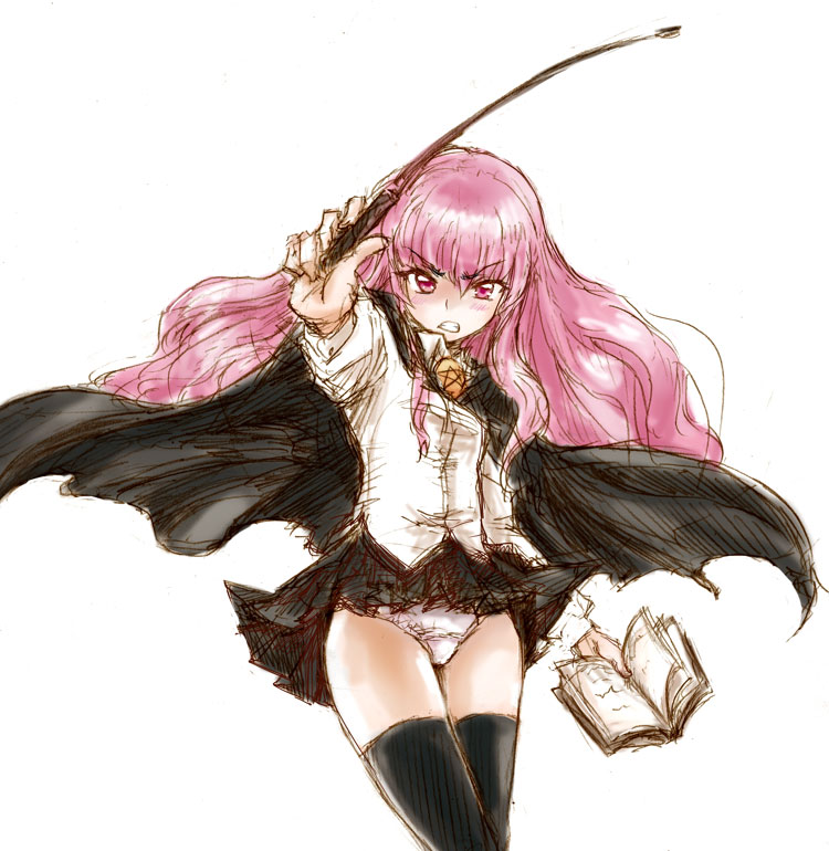 osakana (denpa yun'yun), louise francoise le blanc de la valliere, zero no tsukaima, 00s, 1girl, angry, book, cape, female focus, long hair, panties, pantyshot, pentacle, pink eyes, pink hair, simple background, skirt, solo, thighhighs, underwear, wand, white background, wind, wind lift