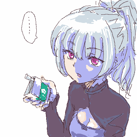 yin (darker than black), darker than black, lowres, 00s, 1girl, breasts, cigarette, cleavage, dress, female focus, hair ribbon, long sleeves, maroon eyes, oekaki, ponytail, purple dress, red eyes, ribbon, simple background, sketch, solo, white background, white hair