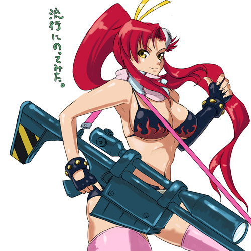 misonou hirokichi, yoko littner, tengen toppa gurren lagann, lowres, 00s, 1girl, bikini, breasts, female focus, gun, navel, pink thighhighs, red hair, simple background, solo, standing, swimsuit, thighhighs, weapon, white background